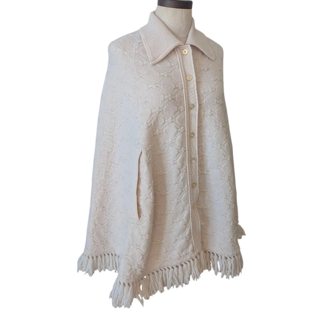 Vintage Cuddle Knit fringed, button up, knit capelet W arm holes. Medium